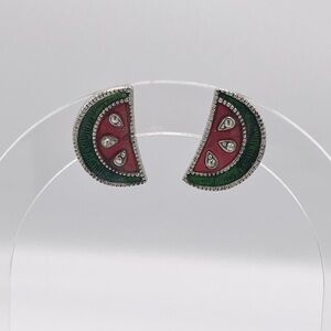Vintage Avon Watermelon Slice Post‎ Earrings Red Green Enamel Silver Tone Reto
